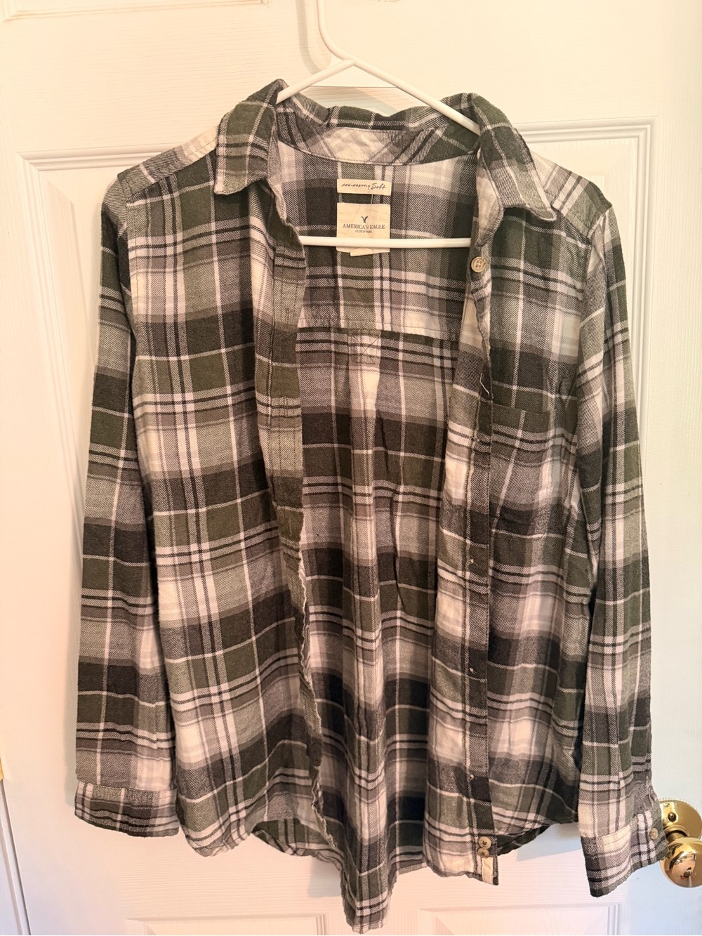 American Eagle Outfitters Olive Green and White Plaid Button-Down Shirt